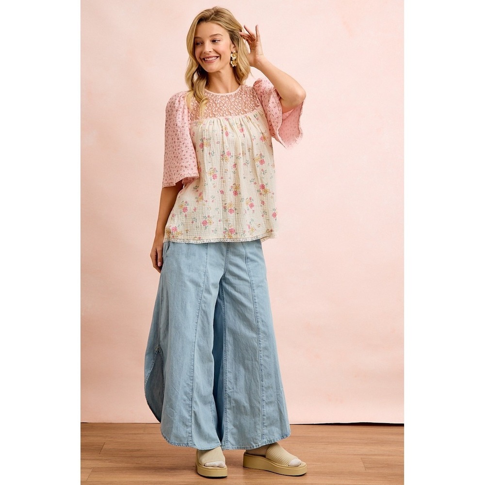 BiBi Crinkle Floral Gauze Mix And Matched Blouse Top - Cream/Pink - Medium - Picture 9 of 11